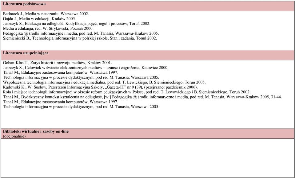 Stan i zadania, Toruń 2002. Literatura uzupełniająca Goban-Klas T., Zarys historii i rozwoju mediów, Kraków 2001. Juszczyk S.