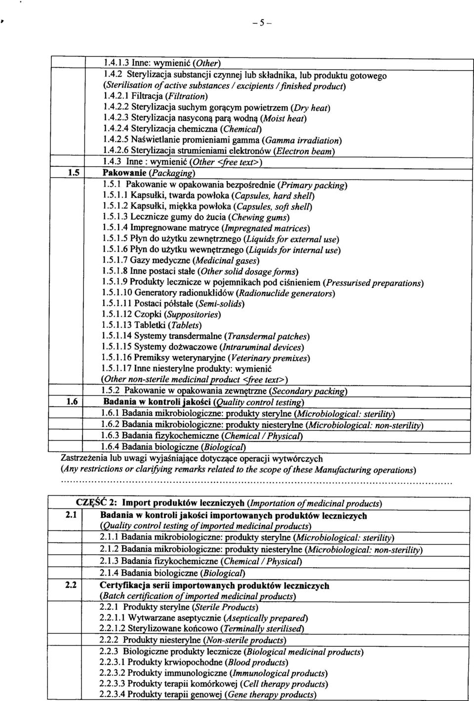4.2.6 Sterylizacja strumieniami elektronow (Electron beam) 1.4.3 Inne : wymienid (Other <free text>) 1.5 Pakowanie (Packaging) 1.5.1 Pakowanie w opakowania bezpo^rednie (Primary packing) 1.5.1.1 Kapsulki, twarda powloka (Capsules, hard shell) 1.