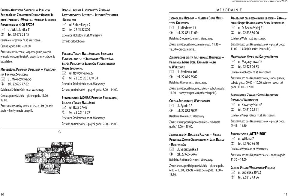 Młodzieżowa Poradnia Uzależnień Powiślańska Fundacja Społeczna + ul. Mokotowska 55 ) tel. 22 625 77 82 Czynne: poniedziałek piątek godz. 11.00 