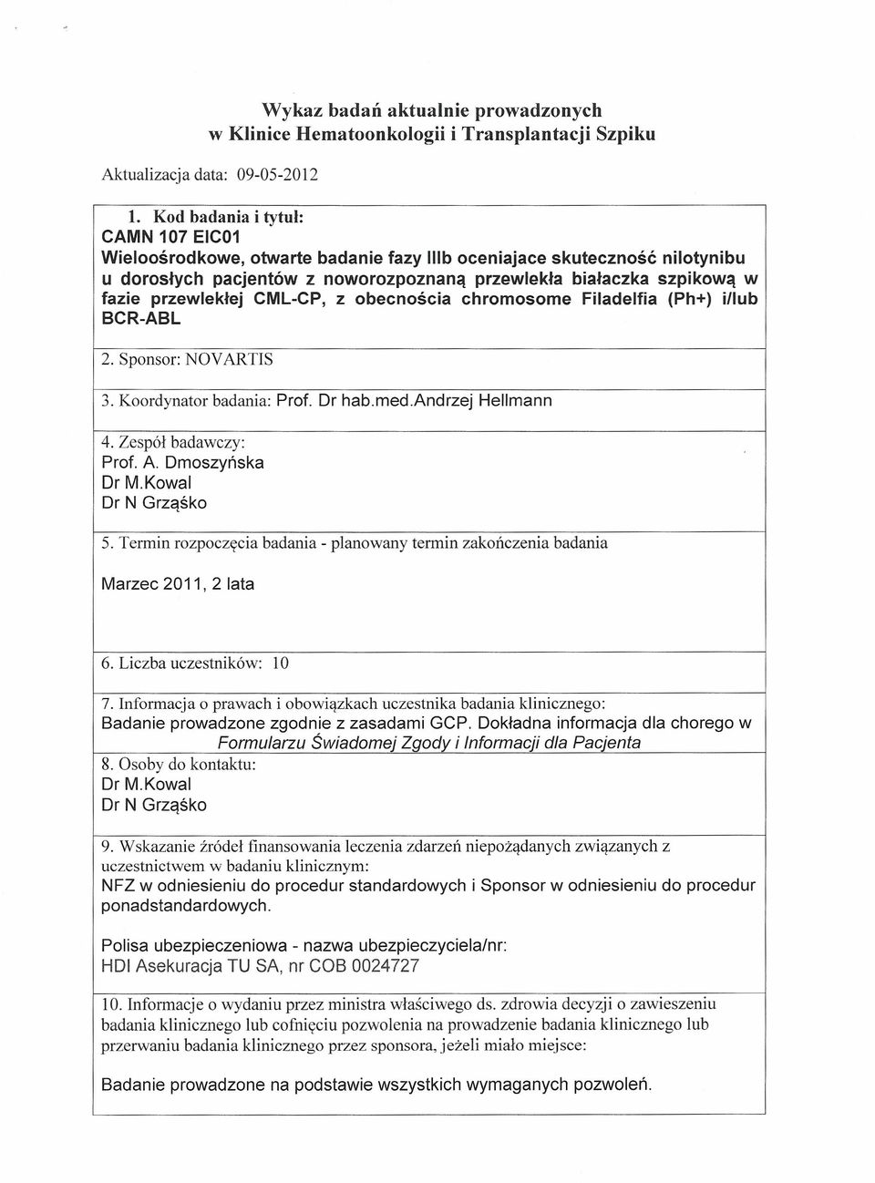 CML-CP, z obecnościa chromosome Filadelfia (Ph+) illub BCR-ABL 2. Sponsor: NOVARTIS 3. Koordynator badania: Prof. Dr hab.med.andrzej Hellmann Prof. A. Dmoszyńska Dr M.