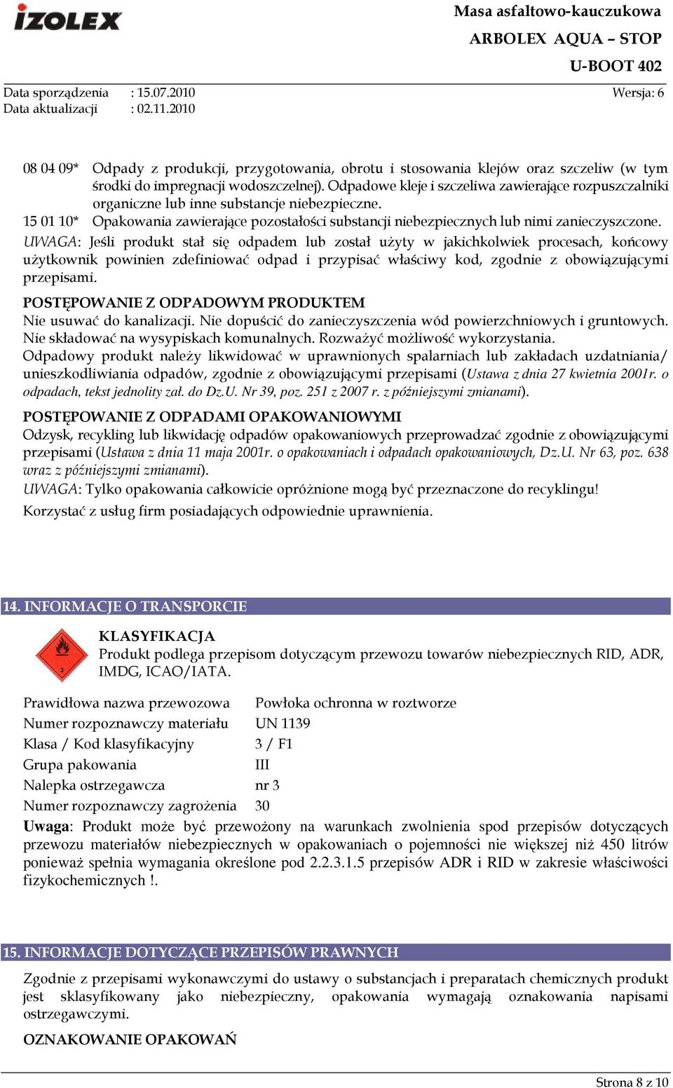 UWAGA: Jeśli produkt stał się odpadem lub został uŝyty w jakichkolwiek procesach, końcowy uŝytkownik powinien zdefiniować odpad i przypisać właściwy kod, zgodnie z obowiązującymi przepisami.