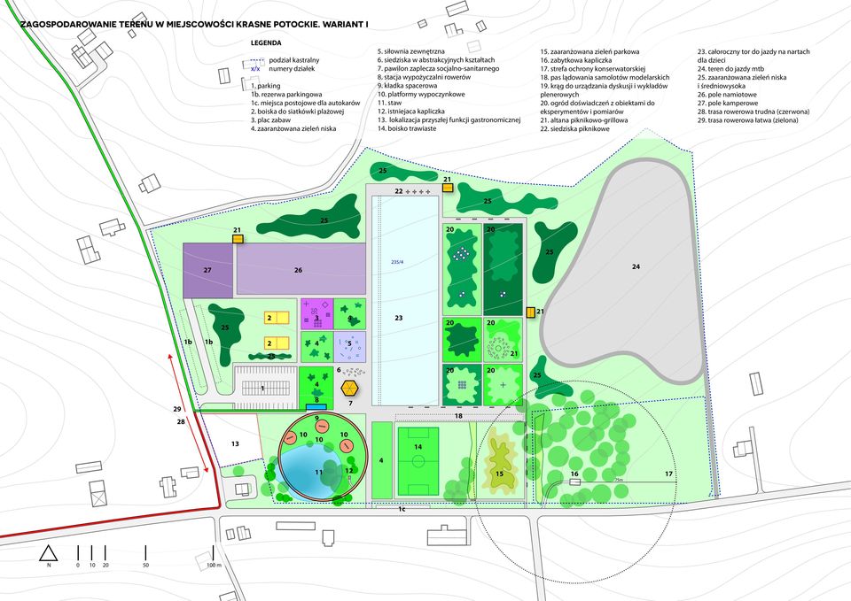 kładka spacerowa 0. platformy wypoczynkowe. staw. istniejaca kapliczka 3. lokalizacja przyszłej funkcji gastronomicznej. boisko trawiaste. zaaranżowana zieleń parkowa. zabytkowa kapliczka.