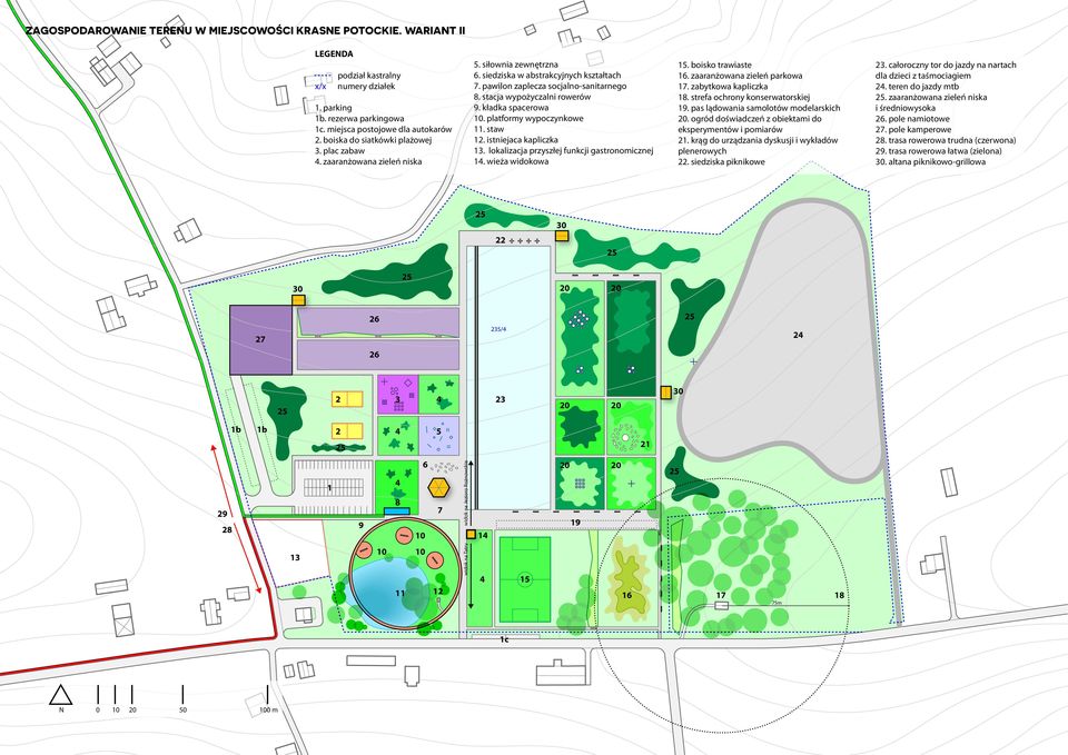 kładka spacerowa 0. platformy wypoczynkowe. staw. istniejaca kapliczka 3. lokalizacja przyszłej funkcji gastronomicznej. wieża widokowa. boisko trawiaste. zaaranżowana zieleń parkowa.