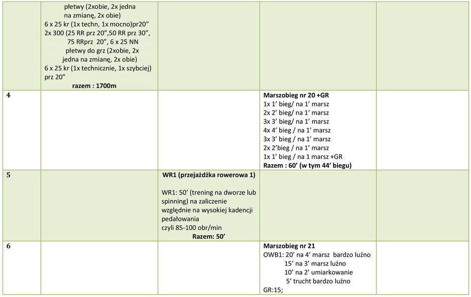 bieg / na 1 marsz 2x 2 bieg / na 1 marsz 1x 1 bieg / na 1 marsz +GR Razem : 60 (w tym 44 biegu) 5 WR1 (przejażdżka rowerowa 1) WR1: 50 (trening na dworze lub spinning) na zaliczenie