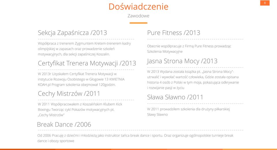 pl Program szkolenia obejmował 120godzin. Cechy Mistrzów /2011 W 2011 Współpracowałem z Koszalińskim Klubem Kick Boxingu Tworząc cykl Pokazów motywacyjnych pt.