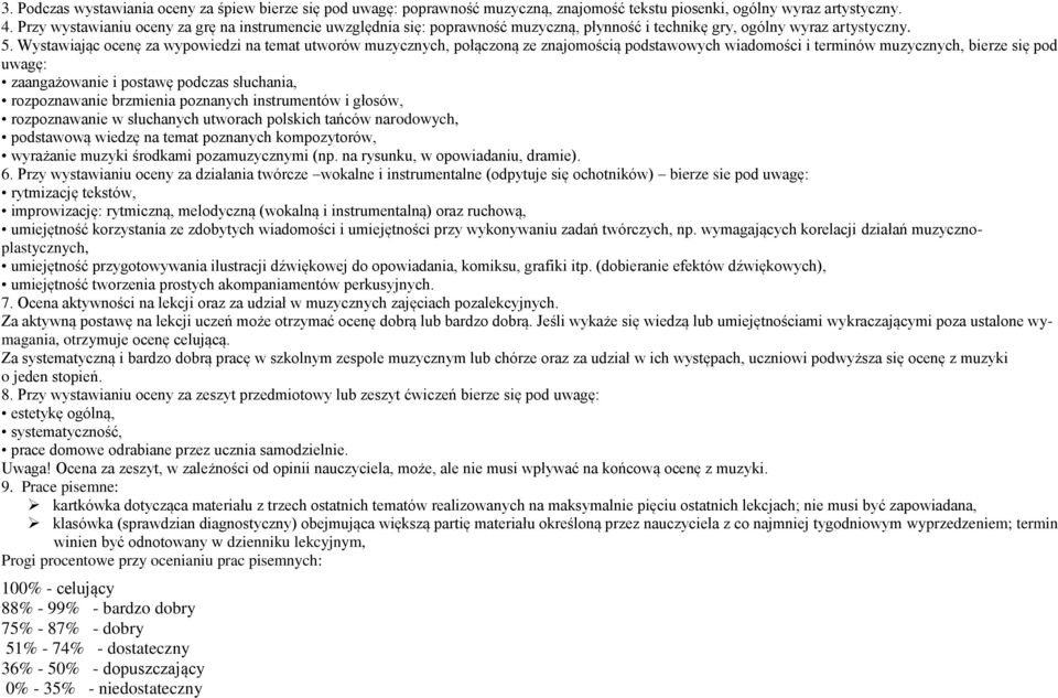 Wystawiając ocenę za wypowiedzi na temat utworów muzycznych, połączoną ze znajomością podstawowych wiadomości i terminów muzycznych, bierze się pod uwagę: zaangażowanie i postawę podczas słuchania,