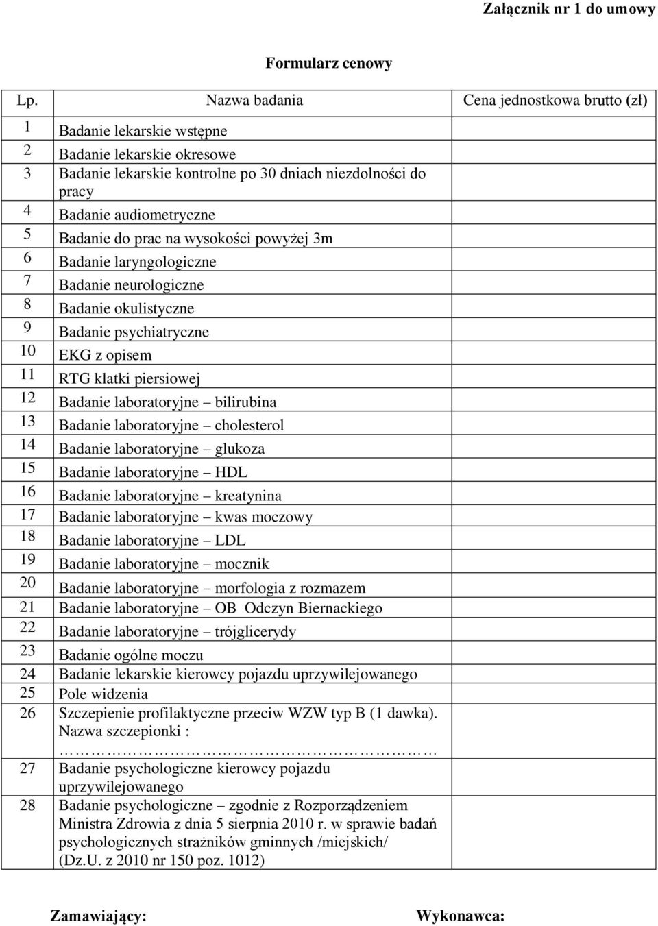 do prac na wysokości powyżej 3m 6 Badanie laryngologiczne 7 Badanie neurologiczne 8 Badanie okulistyczne 9 Badanie psychiatryczne 10 EKG z opisem 11 RTG klatki piersiowej 12 Badanie laboratoryjne