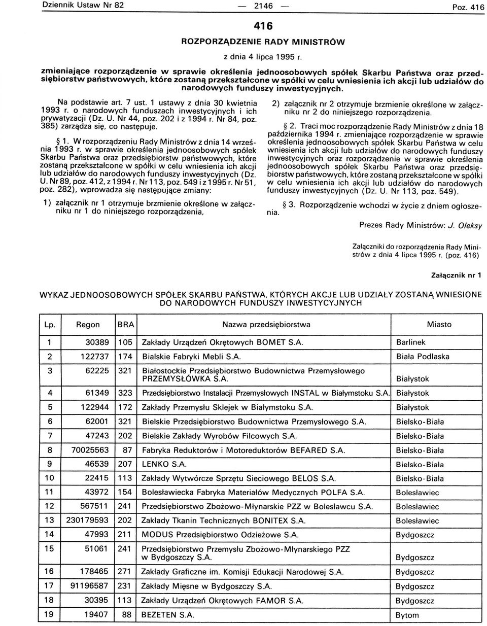 które zostaną przekształcone w spółki w celu wniesienia ich akcji lub udziałów do narodowych funduszy inwestycyjnych. Na podstawie art. 7 ust. 1 ustawy z dnia 30 kwietnia 1993 r.