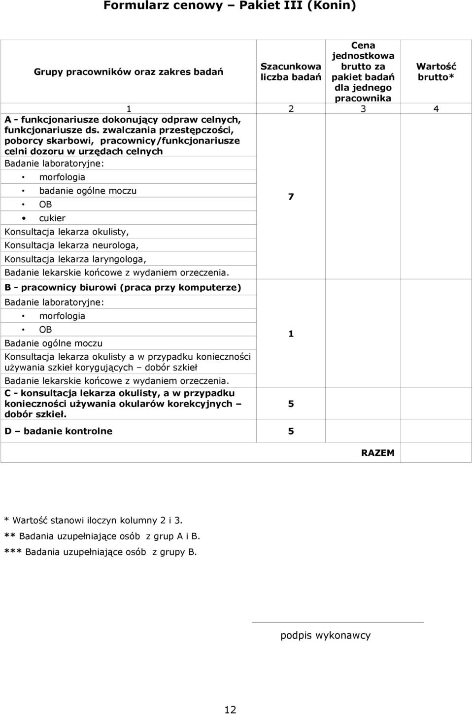 zwalczania przestępczości, poborcy skarbowi, pracownicy/funkcjonariusze celni dozoru w urzędach celnych badanie ogólne moczu cukier Konsultacja lekarza okulisty, Konsultacja lekarza neurologa,