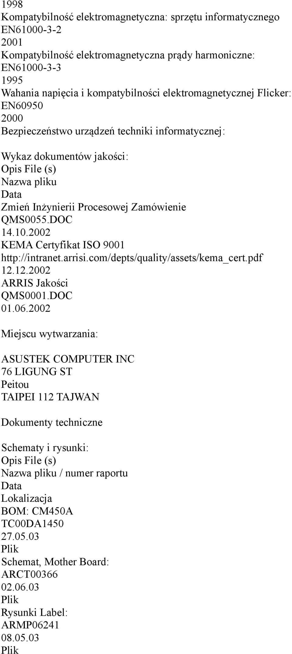 2002 KEMA Certyfikat ISO 9001 http://intranet.arrisi.com/depts/quality/assets/kema_cert.pdf 12.12.2002 ARRIS Jakości QMS0001.DOC 01.06.
