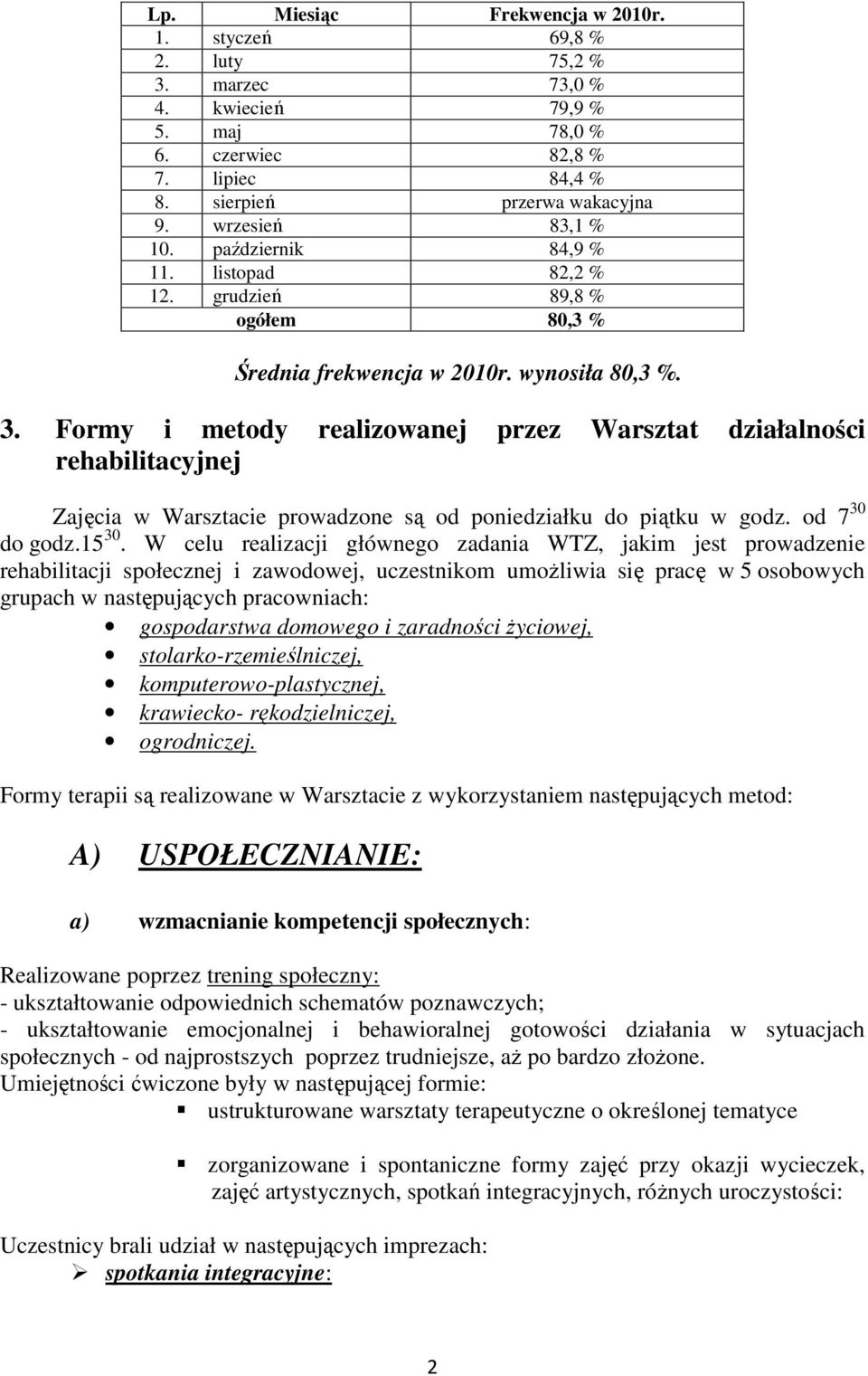 Formy i metody realizowanej przez Warsztat działalności rehabilitacyjnej Zajęcia w Warsztacie prowadzone są od poniedziałku do piątku w godz. od 7 30 do godz.15 30.