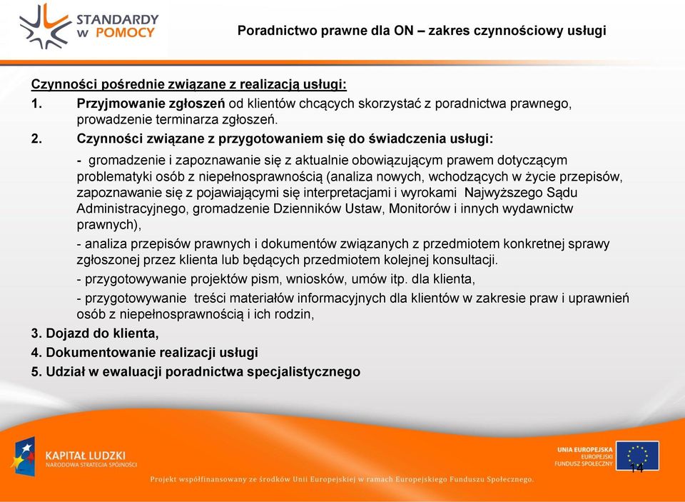 Czynności związane z przygotowaniem się do świadczenia usługi: - gromadzenie i zapoznawanie się z aktualnie obowiązującym prawem dotyczącym problematyki osób z niepełnosprawnością (analiza nowych,