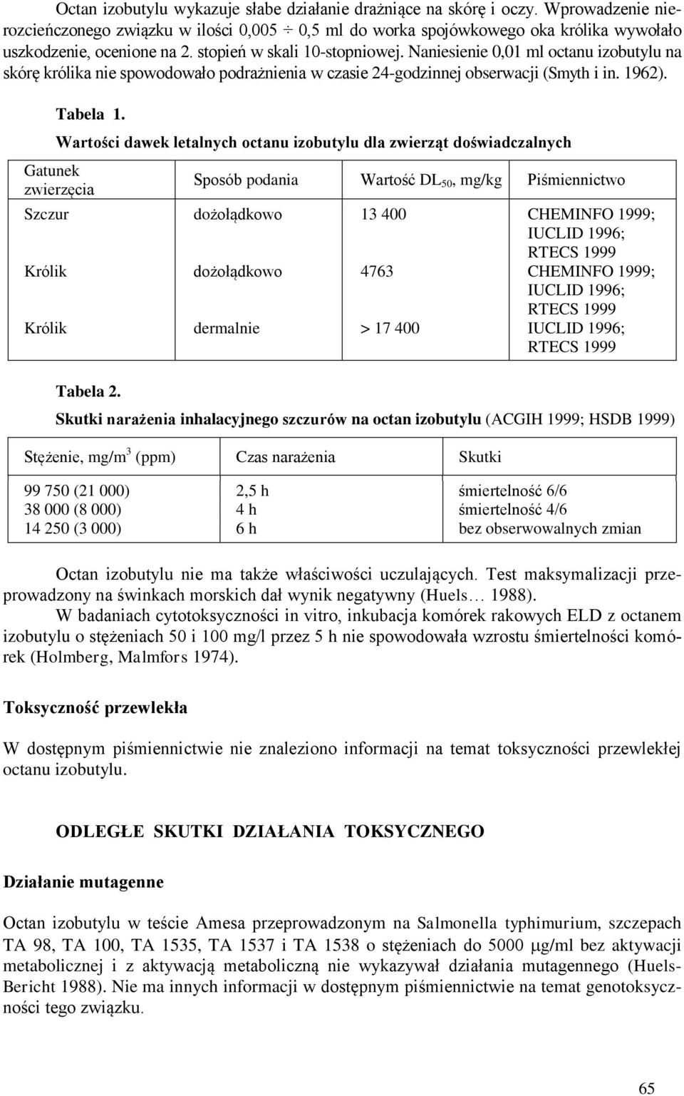 Wartości dawek letalnych octanu izobutylu dla zwierząt doświadczalnych Gatunek zwierzęcia Sposób podania Wartość DL 50, mg/kg Piśmiennictwo Szczur dożołądkowo 13 400 CHEMINFO 1999; IUCLID 1996; RTECS