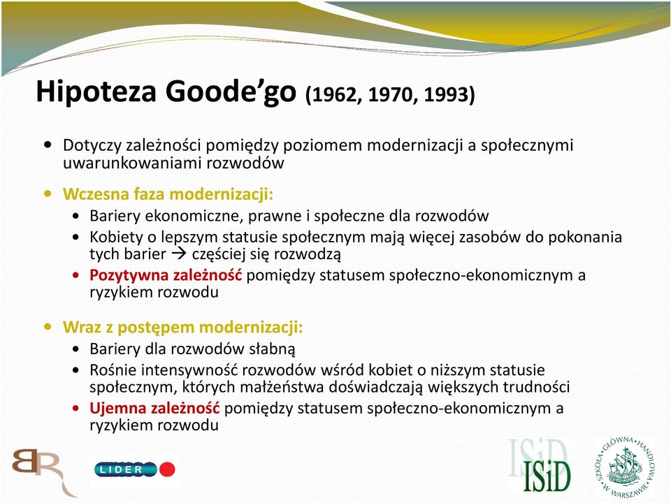 zależnośćpomiędzy statusem społeczno-ekonomicznym a ryzykiem rozwodu Wraz z postępem modernizacji: Bariery dla rozwodów słabną Rośnie intensywność rozwodów wśród