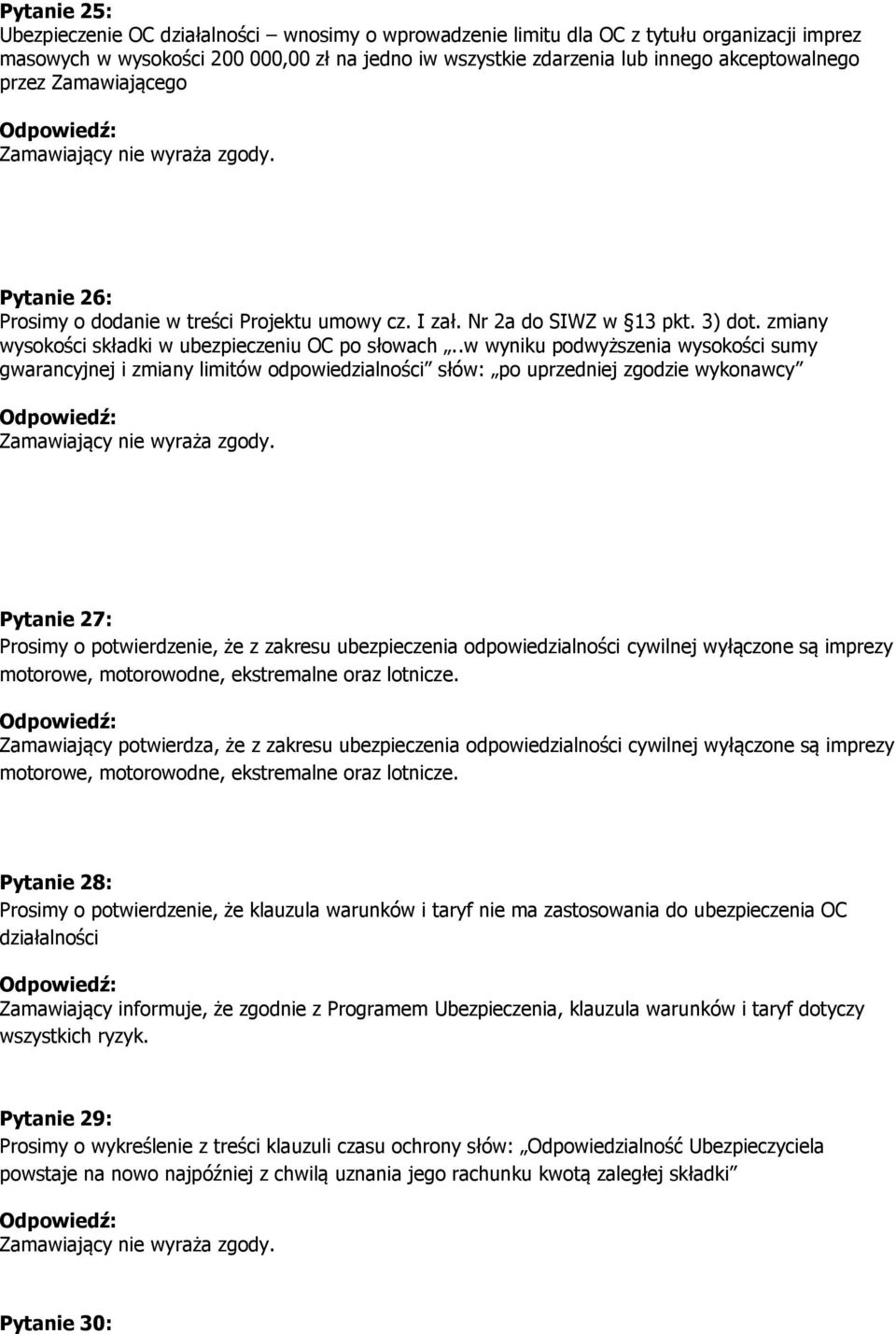 .w wyniku podwyższenia wysokości sumy gwarancyjnej i zmiany limitów odpowiedzialności słów: po uprzedniej zgodzie wykonawcy Pytanie 27: Prosimy o potwierdzenie, że z zakresu ubezpieczenia