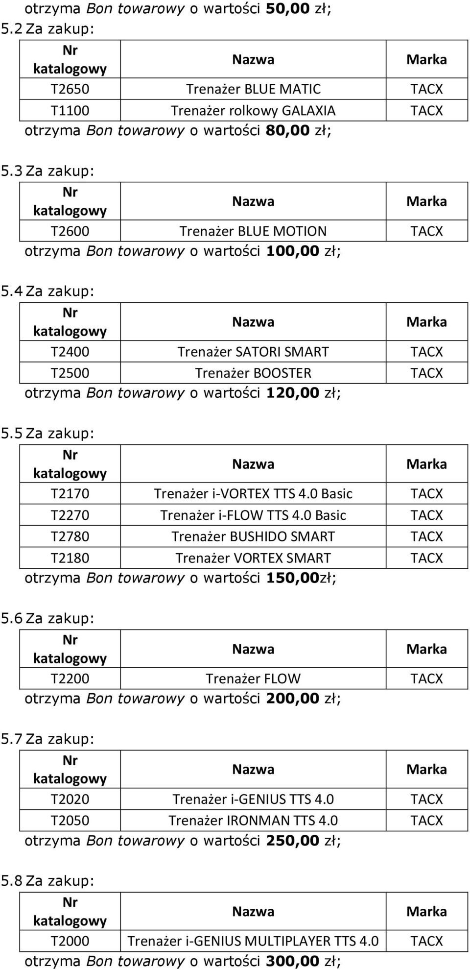 4 Za zakup: T2400 Trenażer SATORI SMART TACX T2500 Trenażer BOOSTER TACX otrzyma Bon towarowy o wartości 120,00 zł; 5.5 Za zakup: T2170 Trenażer i-vortex TTS 4.