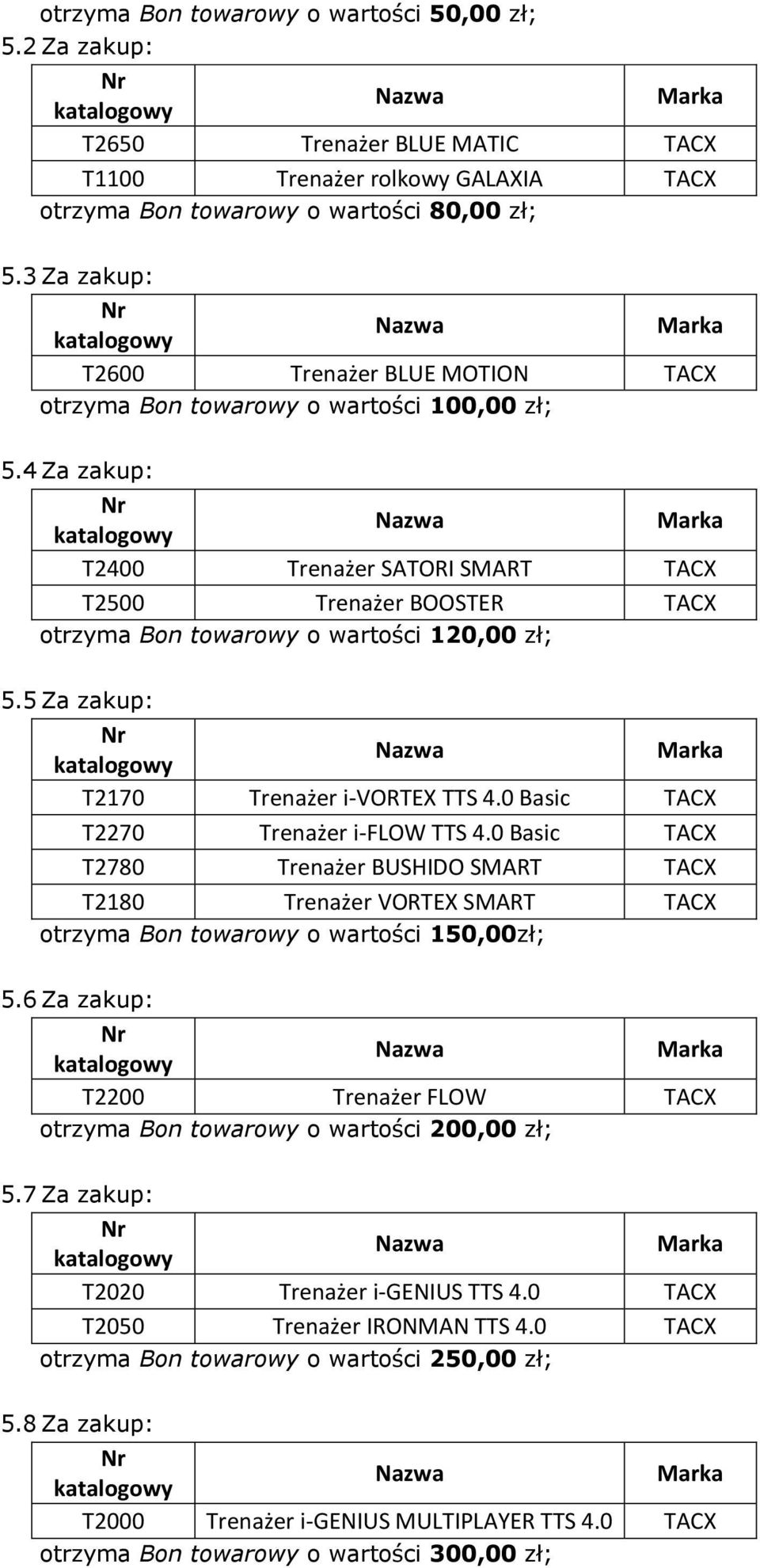 4 Za zakup: T2400 Trenażer SATORI SMART TACX T2500 Trenażer BOOSTER TACX otrzyma Bon towarowy o wartości 120,00 zł; 5.5 Za zakup: T2170 Trenażer i-vortex TTS 4.