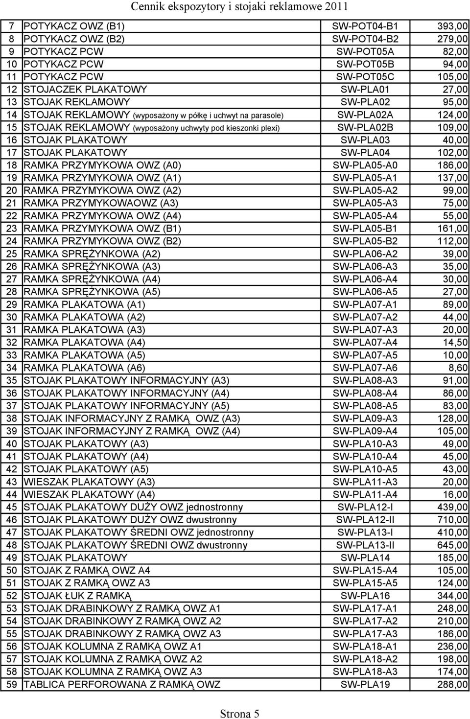 109,00 16 STOJAK PLAKATOWY SW-PLA03 40,00 17 STOJAK PLAKATOWY SW-PLA04 102,00 18 RAMKA PRZYMYKOWA OWZ (A0) SW-PLA05-A0 186,00 19 RAMKA PRZYMYKOWA OWZ (A1) SW-PLA05-A1 137,00 20 RAMKA PRZYMYKOWA OWZ