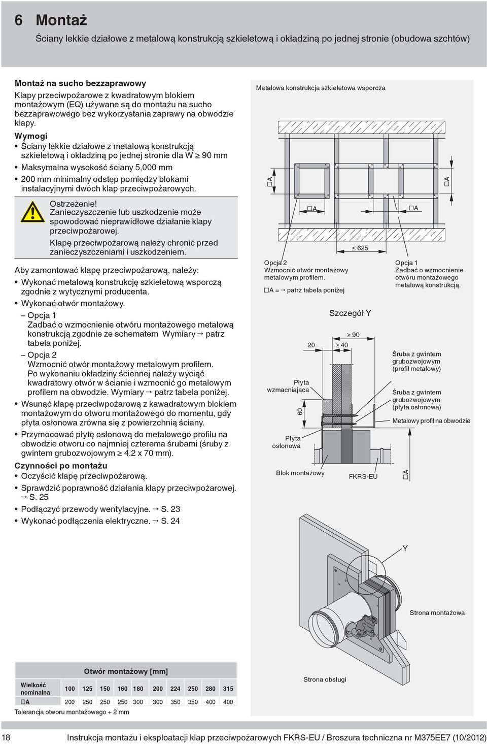 Wymogi Ściany lekkie działowe z metalową konstrukcją szkieletową i okładziną po jednej stronie dla W 90 mm Maksymalna wysokość ściany 5,000 mm 200 mm minimalny odstęp pomiędzy blokami instalacyjnymi