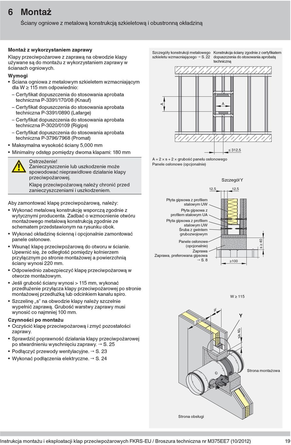 Wymogi Ściana ogniowa z metalowym szkieletem wzmacniającym dla W 115 mm odpowiednio: Certyfikat dopuszczenia do stosowania aprobata techniczna P-3391/170/08 (Knauf) Certyfikat dopuszczenia do