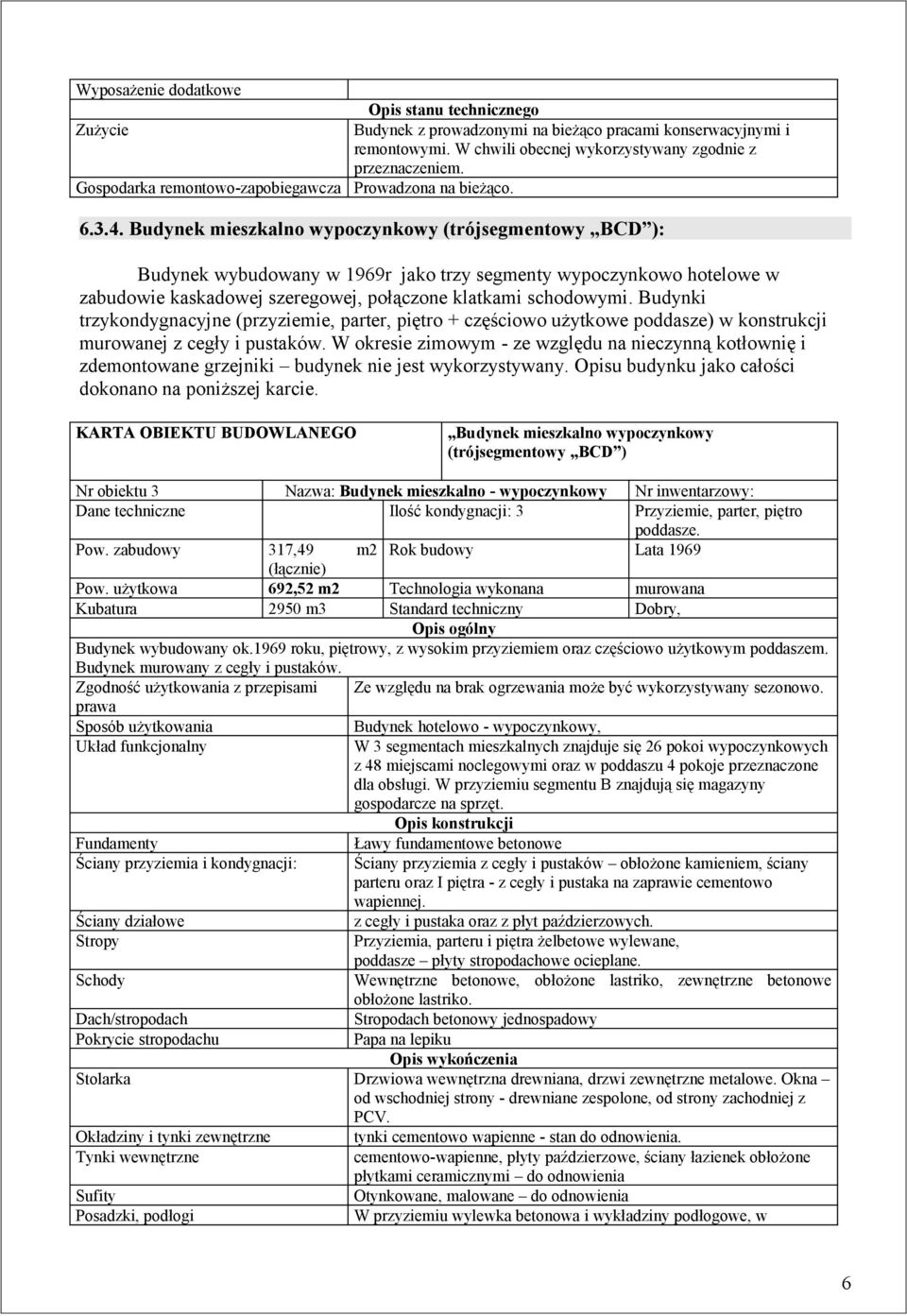 Budynki trzykondygnacyjne (przyziemie, parter, piętro + częściowo użytkowe poddasze) w konstrukcji murowanej z cegły i pustaków.