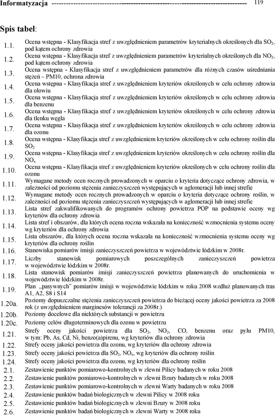 3. stężeń PM10, ochrona zdrowia 1.4. dla ołowiu 1.5. dla benzenu 1.6. dla tlenku węgla 1.7. dla ozonu 1.8. SO 2 1.9. NO x 1.10. ozonu Wymagane metody ocen rocznych prowadzonych w oparciu o kryteria dotyczące ochrony zdrowia, w 1.