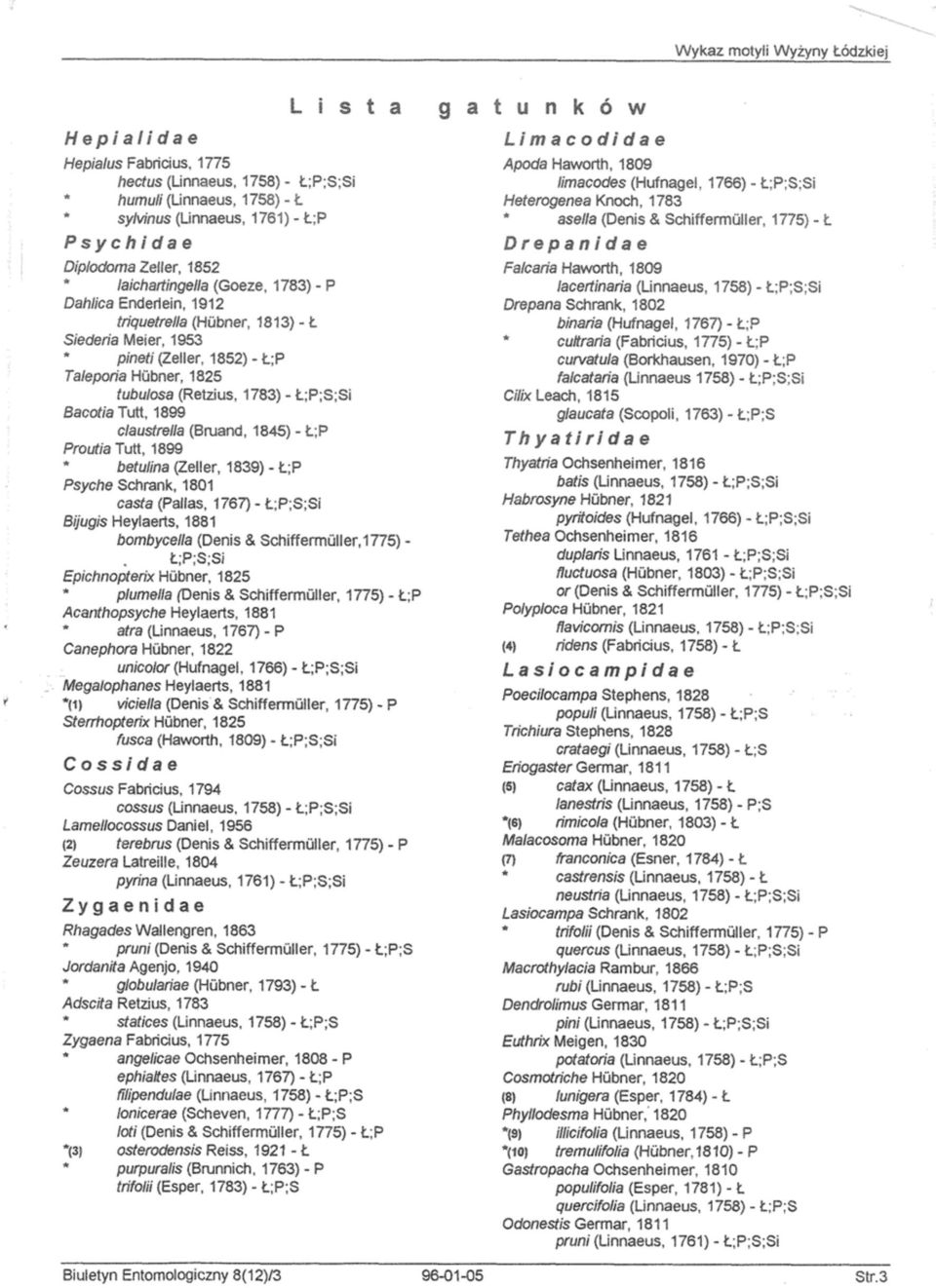 (Hubner, 1813) - Ł Siederia Meier, 1953 pineti (Zel i er, 1852) - Ł; P Taleporia Hubner, 1825 tubuiosa (Retzius.