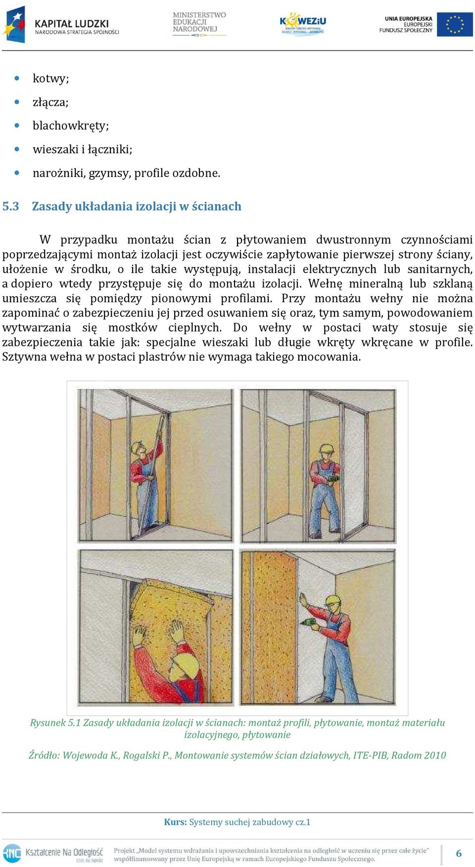 w środku, o ile takie występują, instalacji elektrycznych lub sanitarnych, a dopiero wtedy przystępuje się do montażu izolacji. Wełnę mineralną lub szklaną umieszcza się pomiędzy pionowymi profilami.