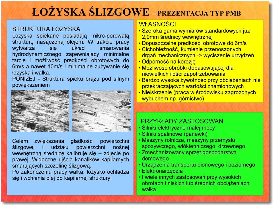 PONIŻEJ - Struktura spieku brązu pod silnym powiększeniem WŁASNOŚCI Szeroka gama wymiarów standardowych już 2,0mm średnicy wewnętrznej Dopuszczalne prędkości obrotowe do 6m/s Cichobieżność, tłumienie