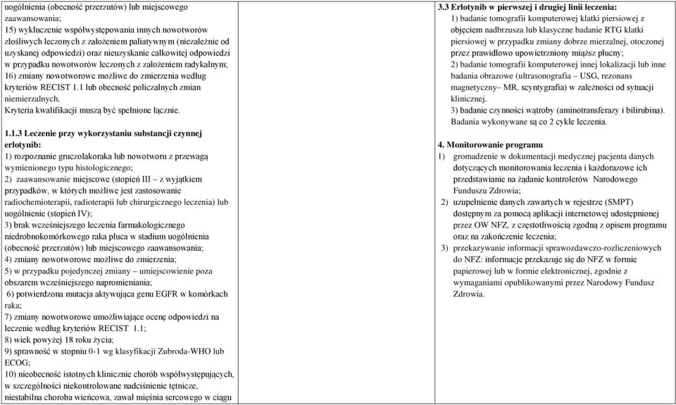 1 lub obecność policzalnych zmian niemierzalnych. Kryteria kwalifikacji muszą być spełnione łącznie. 1.1.3 Leczenie przy wykorzystaniu substancji czynnej erlotynib: 1) rozpoznanie gruczolakoraka lub