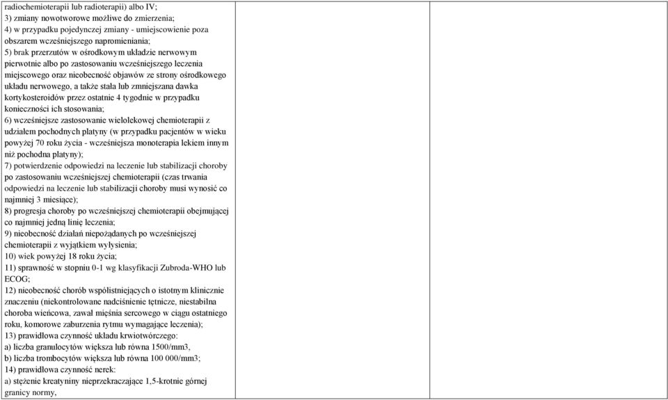 zmniejszana dawka kortykosteroidów przez ostatnie 4 tygodnie w przypadku konieczności ich stosowania; 6) wcześniejsze zastosowanie wielolekowej chemioterapii z udziałem pochodnych platyny (w