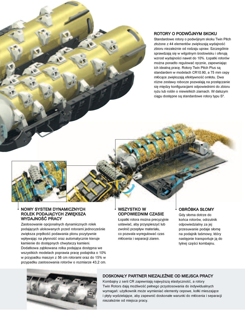 Rotory Twin Pitch Plus są standardem w modelach CR10.90, a 75 mm cepy młócące zwiększają efektywność omłotu.