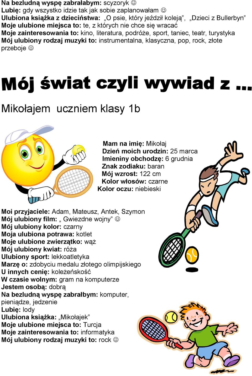 przeboje Mikołajem uczniem klasy 1b Mam na imię: Mikołaj Dzień moich urodzin: 25 marca Imieniny obchodzę: 6 grudnia Znak zodiaku: baran Mój wzrost: 122 cm Kolor włosów: czarne Kolor oczu: niebieski