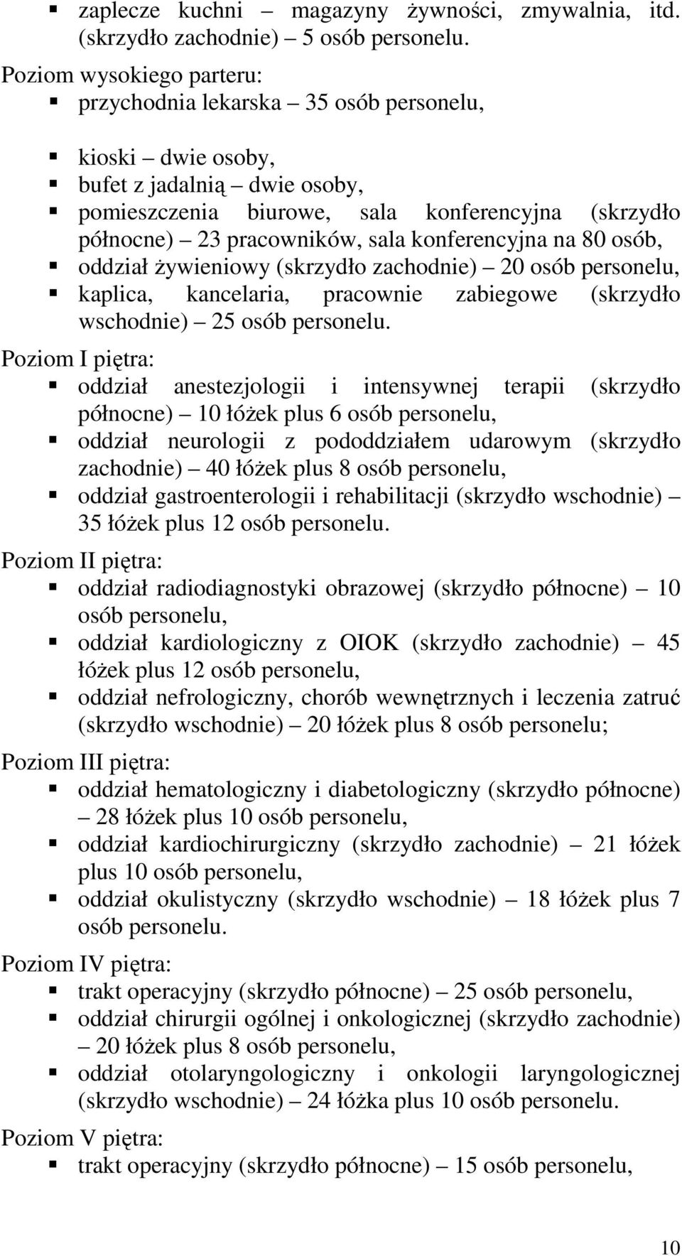 konferencyjna na 80 osób, oddział Ŝywieniowy (skrzydło zachodnie) 20 osób personelu, kaplica, kancelaria, pracownie zabiegowe (skrzydło wschodnie) 25 osób personelu.