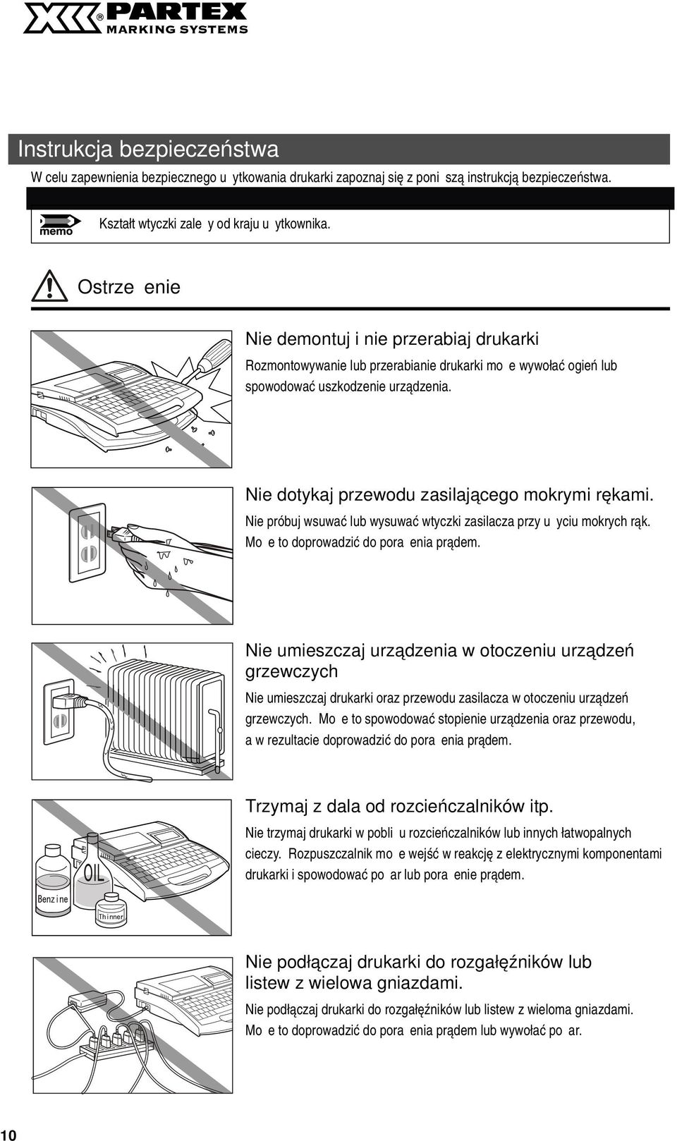 Nie próbuj wsuwć lub wysuwć wtyczki zsilcz przy użyciu mokrych rąk. Może to doprowdzić do porżeni prądem.