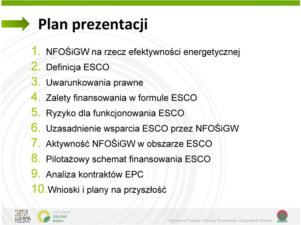 Ryzyko dla funkcjonowania ESCO 6. Uzasadnienie wsparcia ESCO przez NFOŚiGW 7.