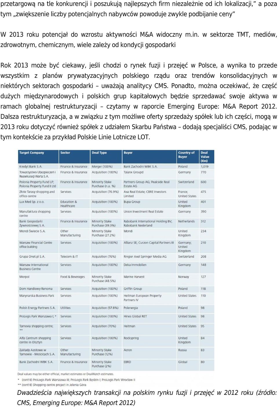 w sektorze TMT, mediów, zdrowotnym, chemicznym, wiele zależy od kondycji gospodarki Rok 2013 może być ciekawy, jeśli chodzi o rynek fuzji i przejęć w Polsce, a wynika to przede wszystkim z planów