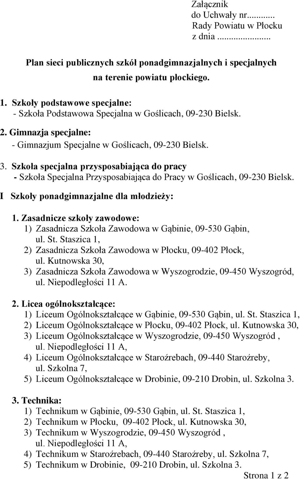 Szkoła specjalna przysposabiająca do pracy - Szkoła Specjalna Przysposabiająca do Pracy w Goślicach, 09-230 Bielsk. I Szkoły ponadgimnazjalne dla młodzieży: 1.