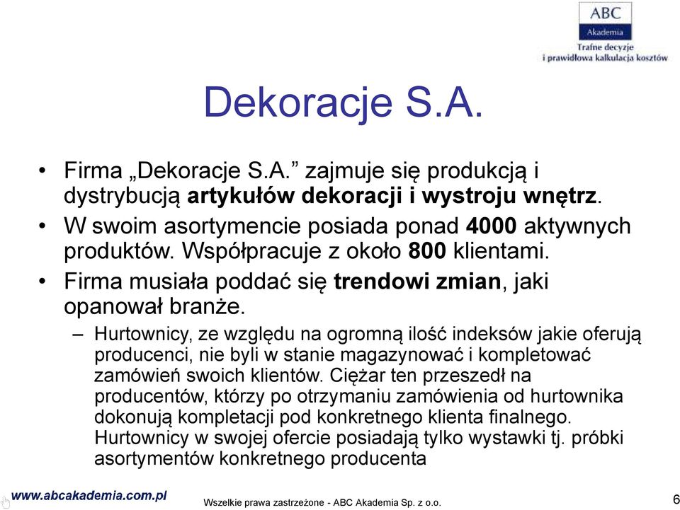 Hurtownicy, ze względu na ogromną ilość indeksów jakie oferują producenci, nie byli w stanie magazynować i kompletować zamówień swoich klientów.