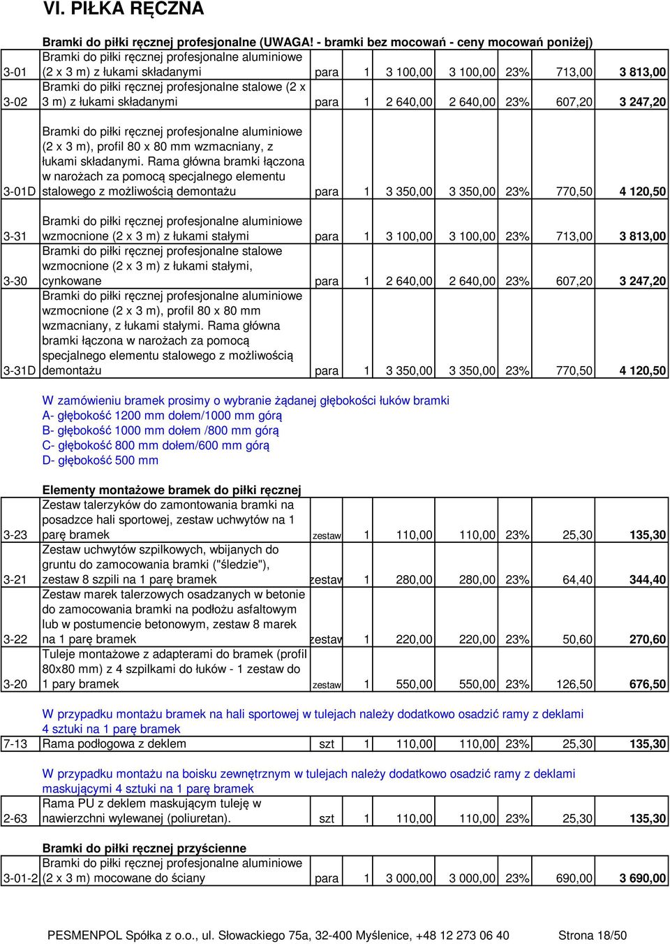 profesjonalne stalowe (2 x 3 m) z łukami składanymi para 1 2 640,00 2 640,00 23% 607,20 3 247,20 3-01D Bramki do piłki ręcznej profesjonalne aluminiowe (2 x 3 m), profil 80 x 80 mm wzmacniany, z