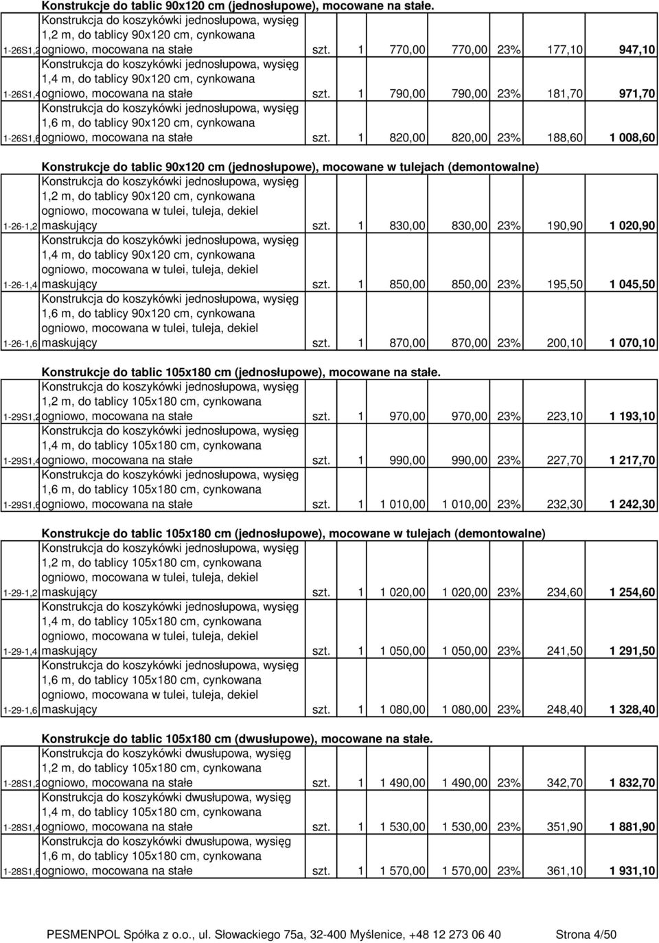 1 770,00 770,00 23% 177,10 947,10 Konstrukcja do koszykówki jednosłupowa, wysięg 1,4 m, do tablicy 90x120 cm, cynkowana ogniowo, mocowana na stałe szt.