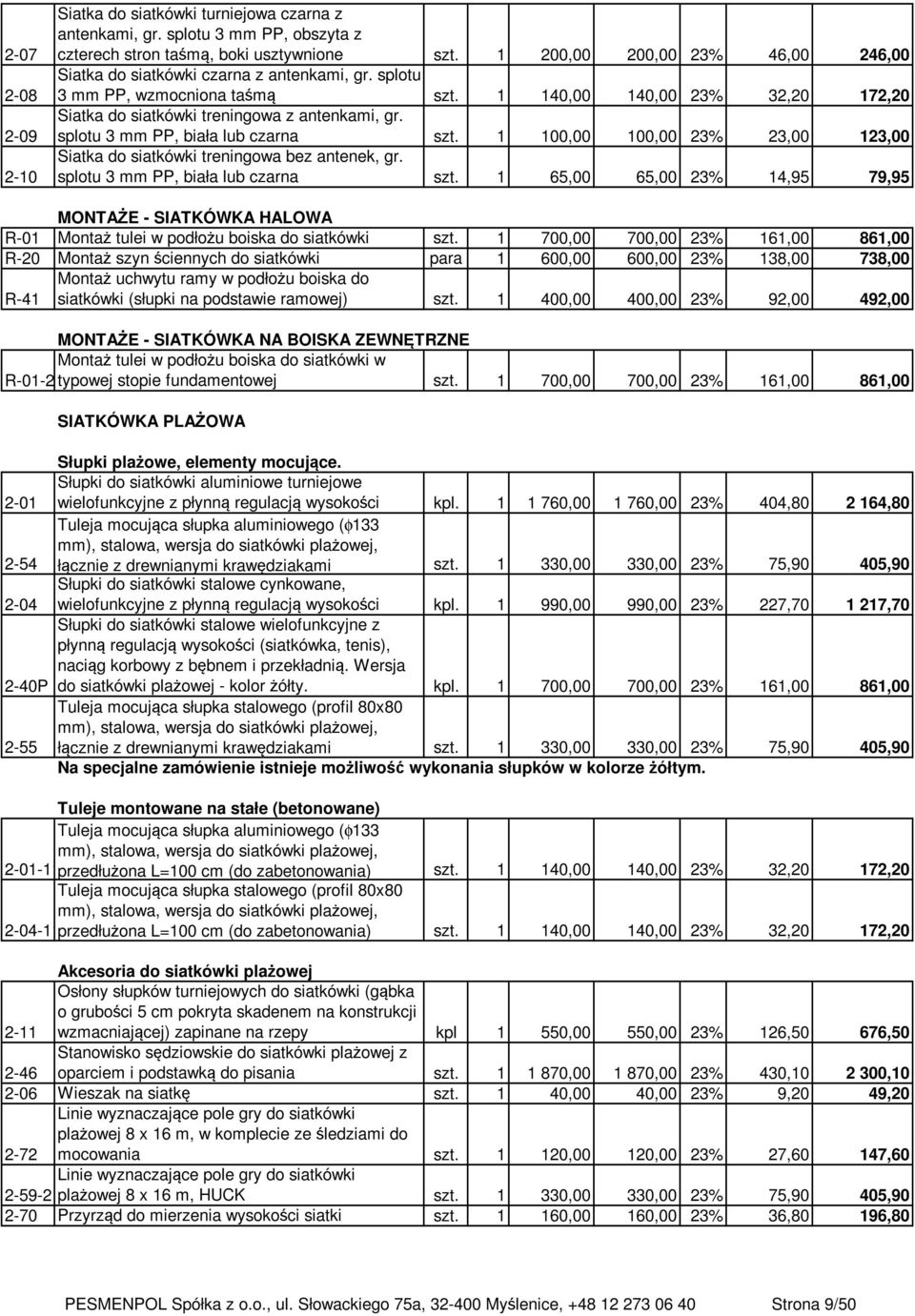 splotu 3 mm PP, biała lub czarna szt. 1 100,00 100,00 23% 23,00 123,00 Siatka do siatkówki treningowa bez antenek, gr. splotu 3 mm PP, biała lub czarna szt.