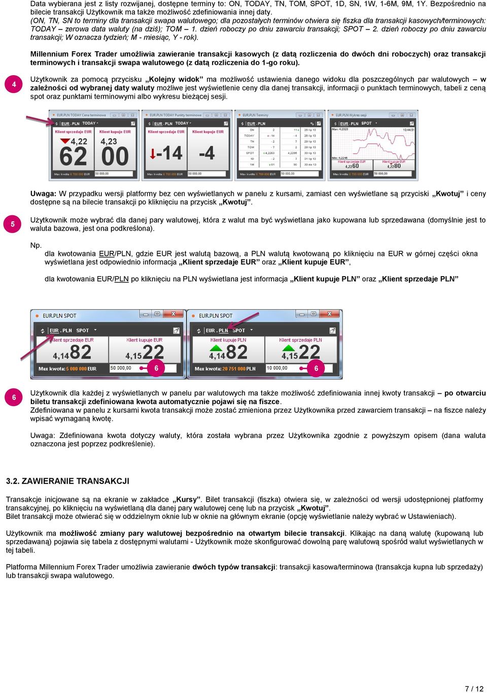 dzień roboczy po dniu zawarciu transakcji; SPOT. dzień roboczy po dniu zawarciu transakcji; W oznacza tydzień; M - miesiąc, Y - rok).
