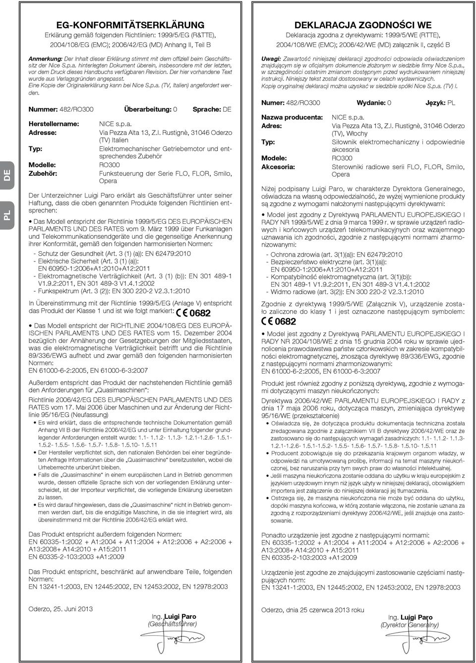 Der hier vorhandene Text wurde aus Verlagsgründen angepasst. Eine Kopie der Originalerklärung kann bei Nice S.p.a. (TV, Italien) angefordert werden.