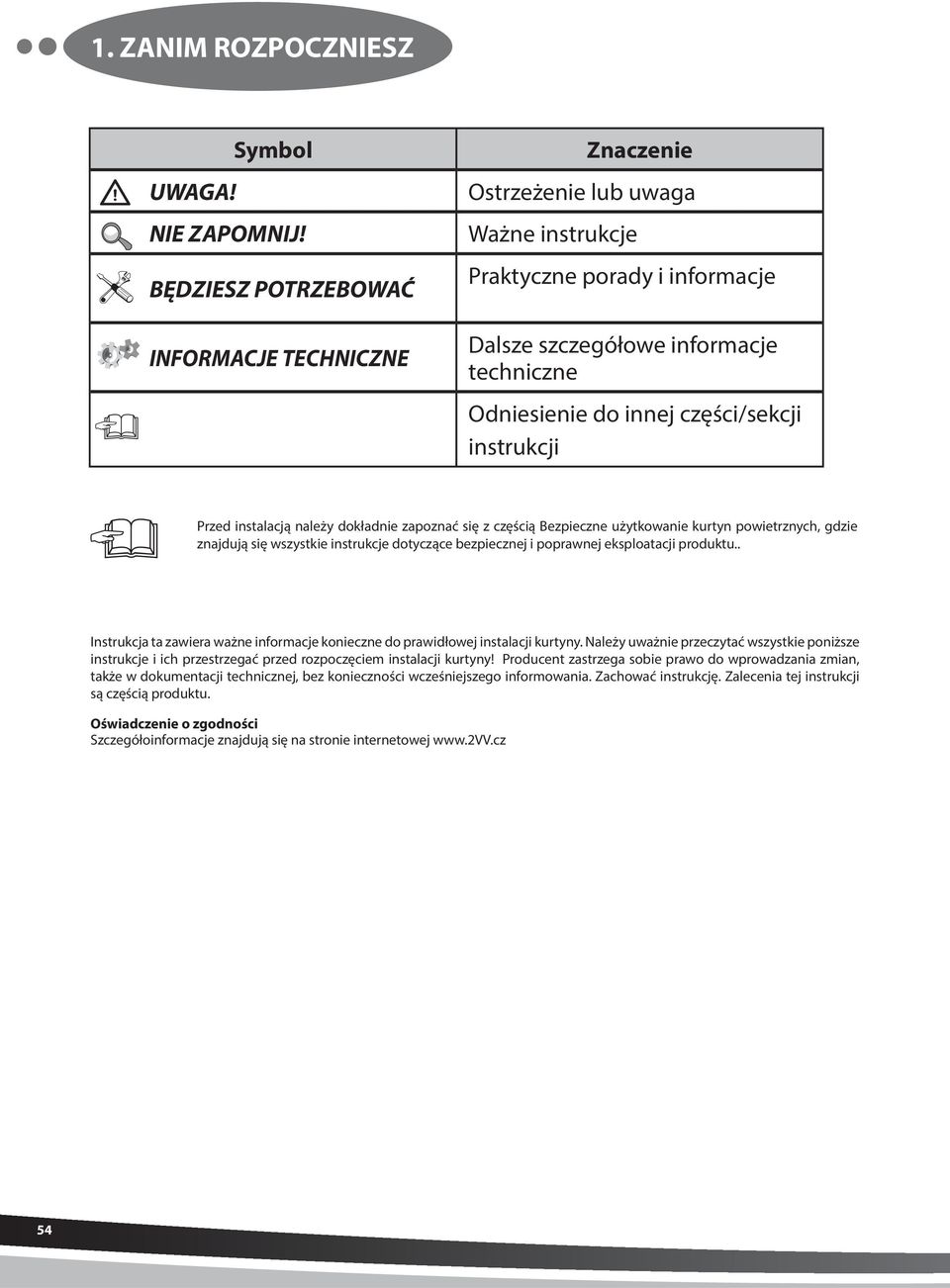 instrukcji Przed instalacją należy dokładnie zapoznać się z częścią Bezpieczne użytkowanie kurtyn powietrznych, gdzie znajdują się wszystkie instrukcje dotyczące bezpiecznej i poprawnej eksploatacji