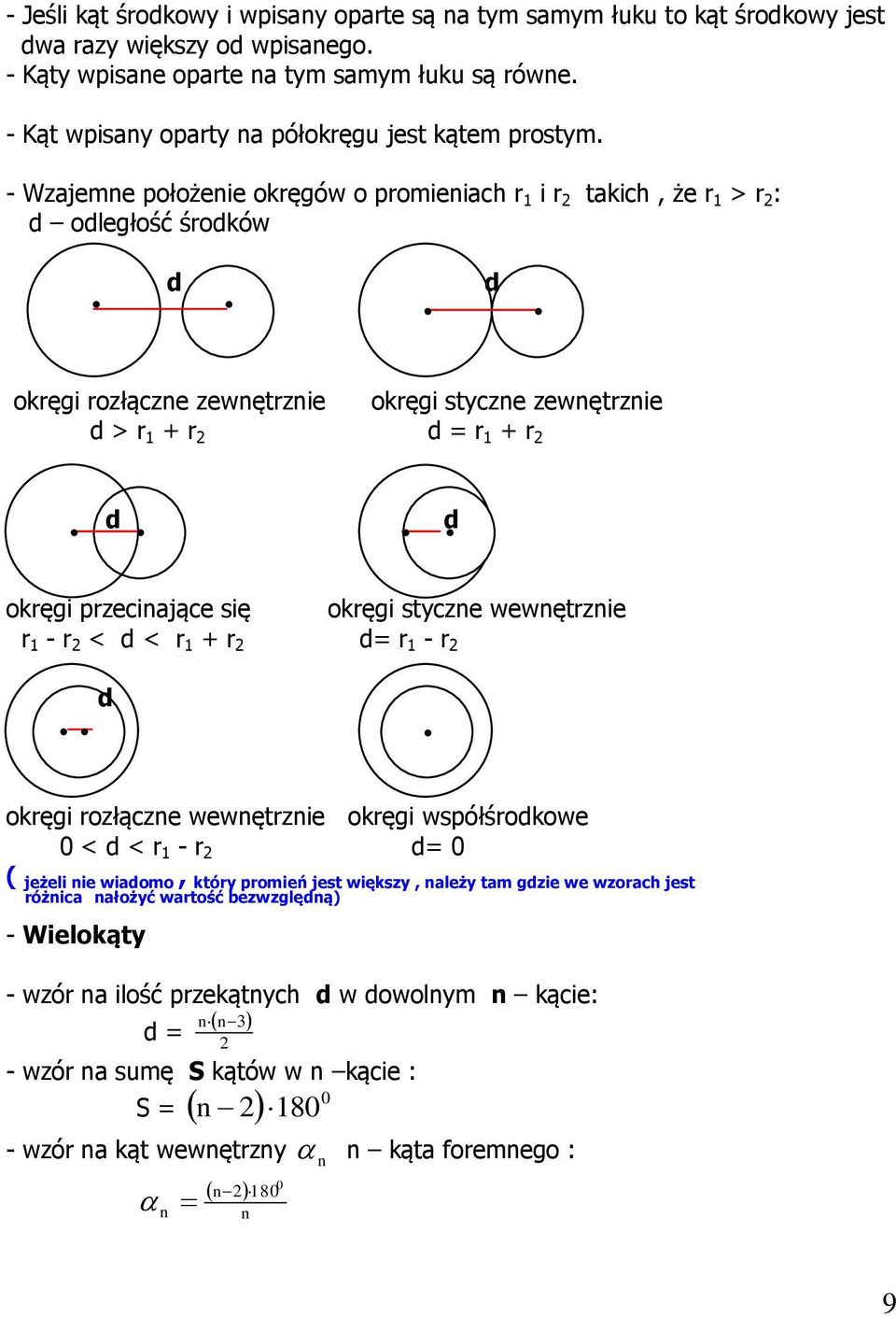 - Wzjemne położenie okręgów o promienic r i r tkic, że r > r : oległość śroków okręgi rozłączne zewnętrznie okręgi styczne zewnętrznie > r + r = r + r okręgi przecinjące się okręgi styczne