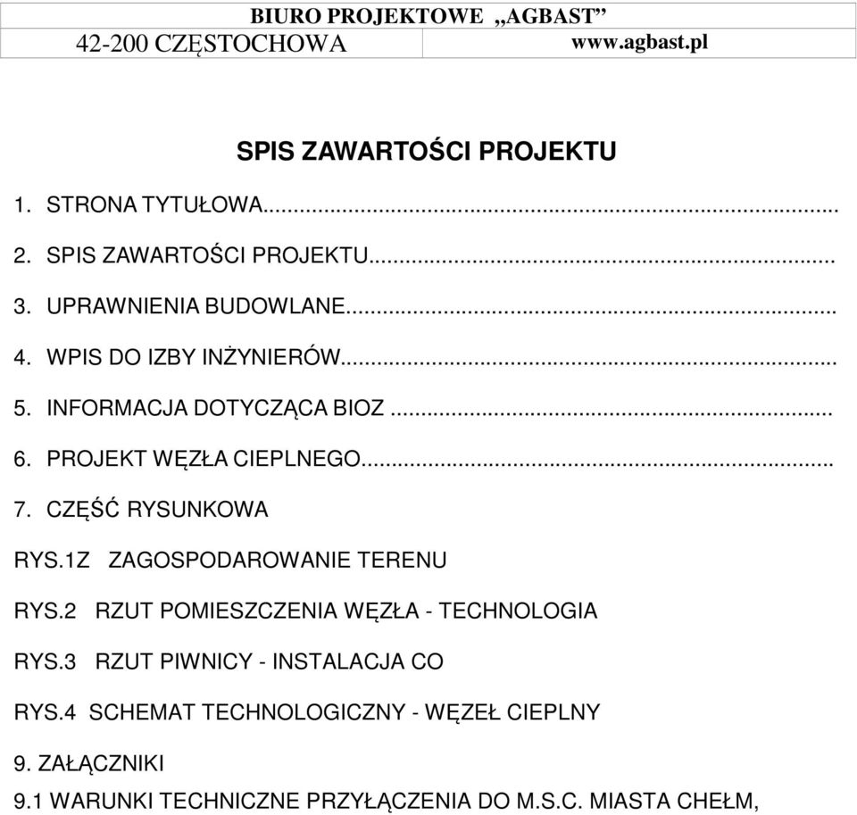 1Z ZAGOSPODAROWANIE TERENU RYS.2 RZUT POMIESZCZENIA WĘZŁA - TECHNOLOGIA RYS.3 RZUT PIWNICY - INSTALACJA CO RYS.