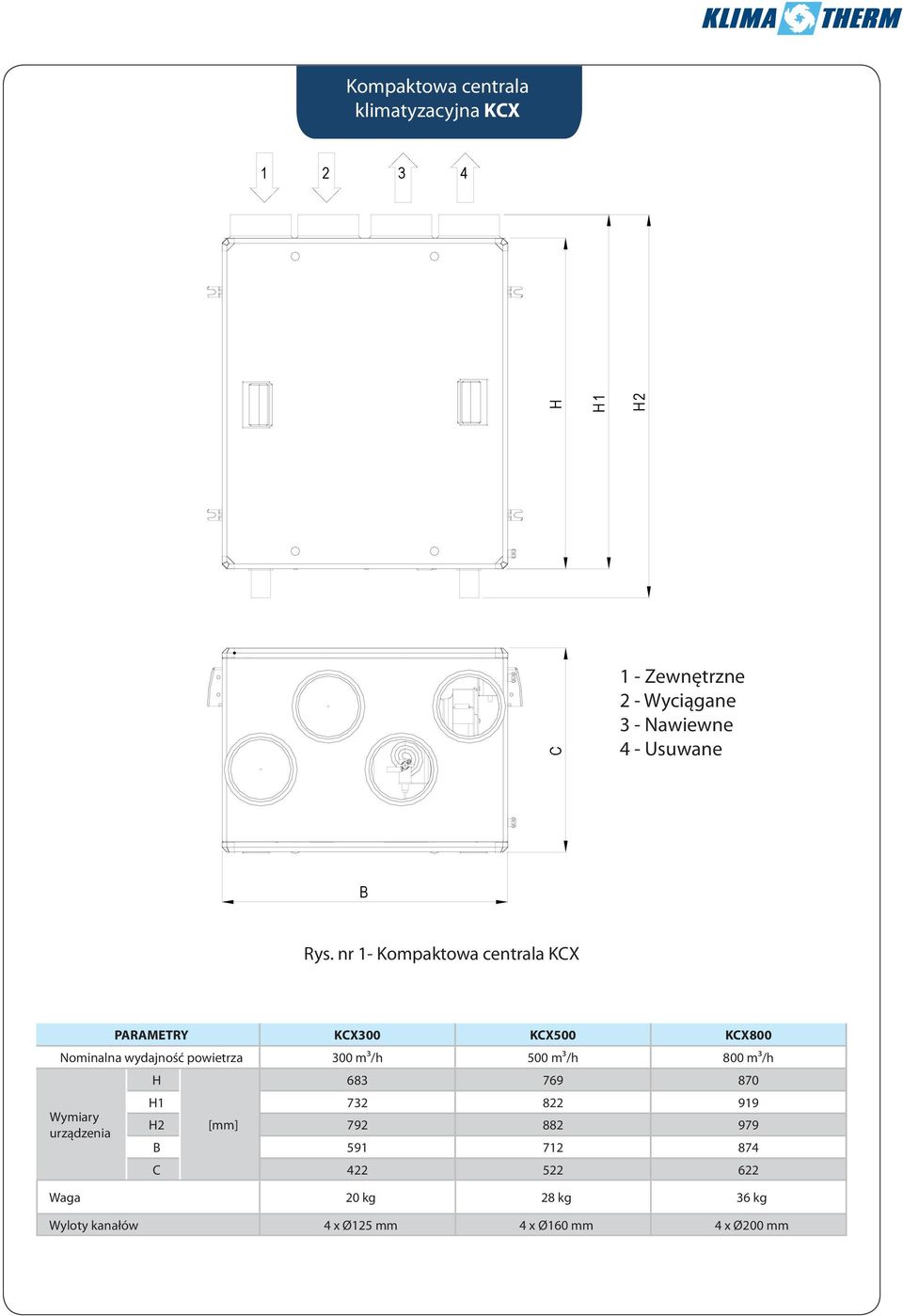 nr 1- Kompaktowa centrala KCX PARAMETRY KCX300 KCX500 KCX800 Nominalna wydajność powietrza 300 m3/h 500 m3/h 800 m3/h H