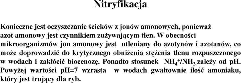 W obecności mikroorganizmów jon amonowy jest utleniany do azotynów i azotanów, co może doprowadzić do