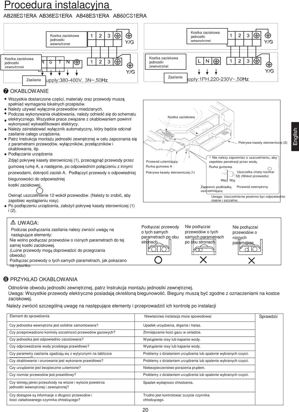 Wszystkie prace związane z okablowaniem powinni wykonywać wykwalifikowani elektrycy. NaleŜy zainstalować wyłącznik automatyczny, który będzie odcinał zasilanie całego urządzenia.